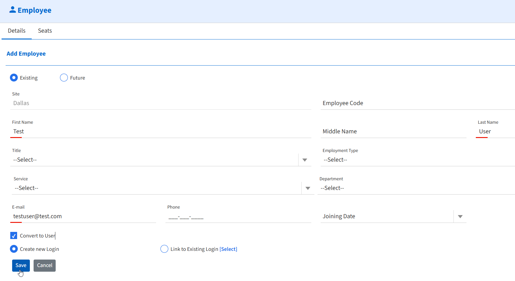 New employee form with pointer on save button.