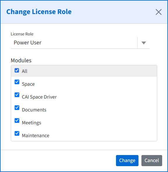 Change license role modal.