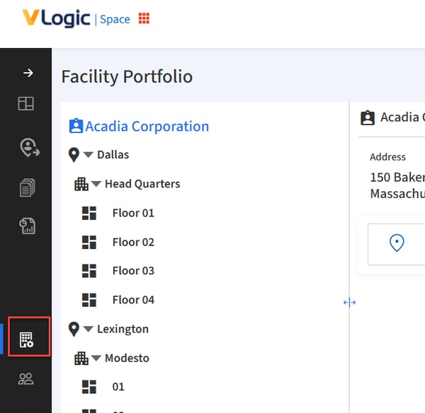 Navigation menu with Facility Portfolio icon boxed.