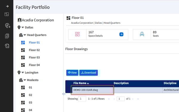Floor drawing list in list view with row boxed.