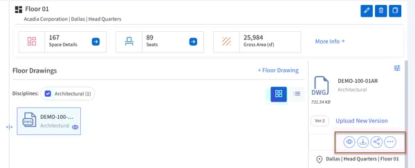 Drawing selected with action icons boxed.