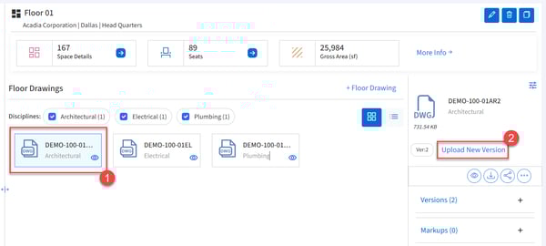 Floor view with drawing selected and upload new version boxed.