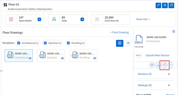 Drawing selected with share button boxed.