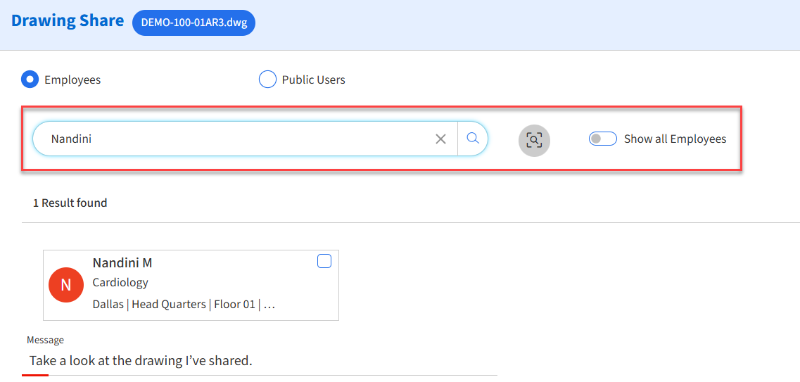 Share employee with search options boxed.