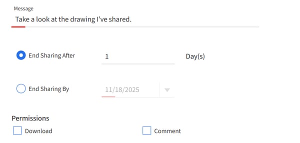 Share with employee message, end date, permissions